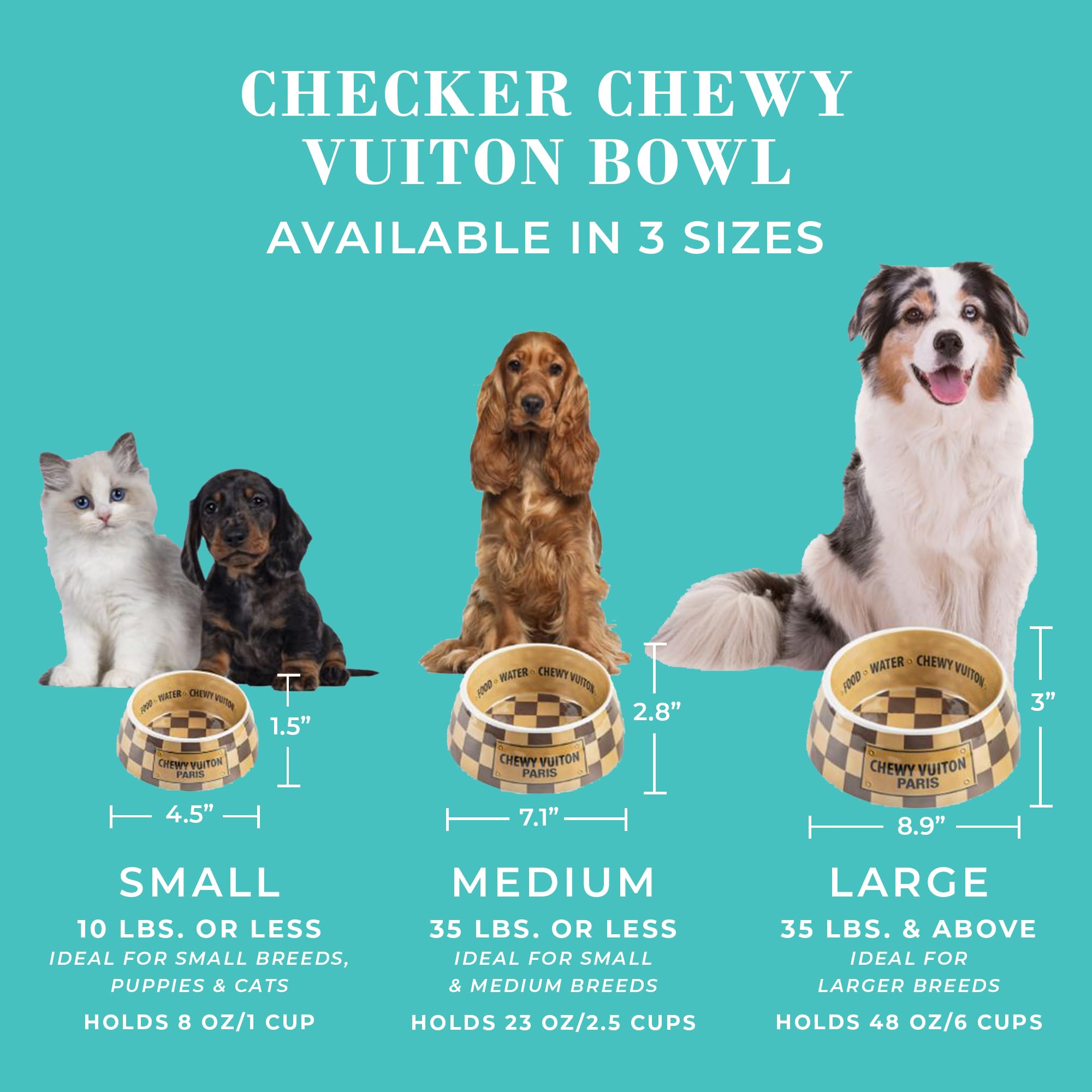 Haute Diggity Dog Checker Chewy Vuiton bowl side view showing non-skid base in action.