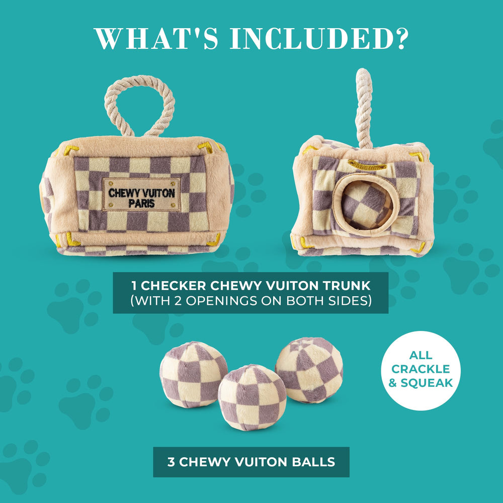 Haute Diggity Dog Checker Chewy Vuiton embroidery detail signals premium finish and charm.