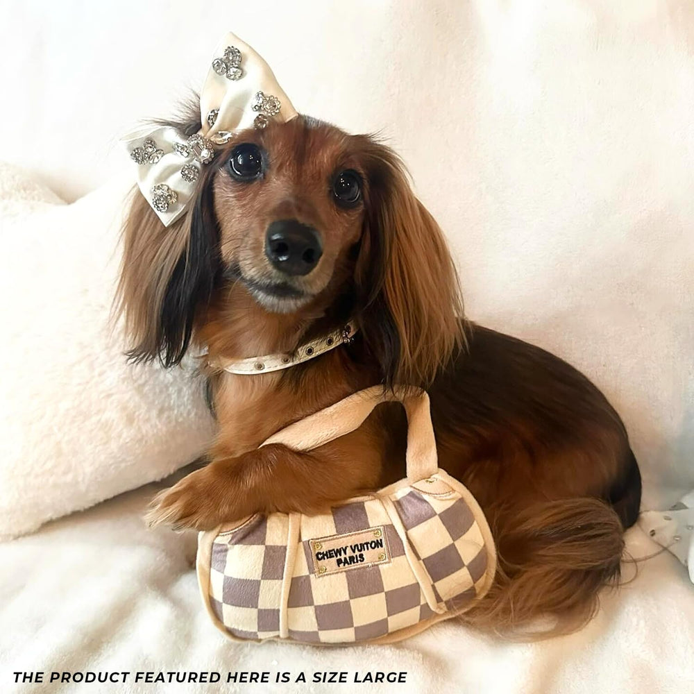 Haute Diggity Dog Checker Chewy Vuiton Handbag plush material offers soft texture for gentle chewers.