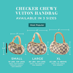 Haute Diggity Dog Checker Chewy Vuiton Handbag embroidery detail adds elegant texture during cuddle-time.