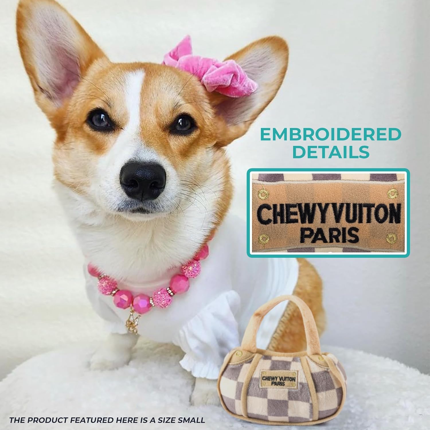Haute Diggity Dog Checker Chewy Vuiton Handbag in-action promotes fetch and tug-o-war playtime variety.