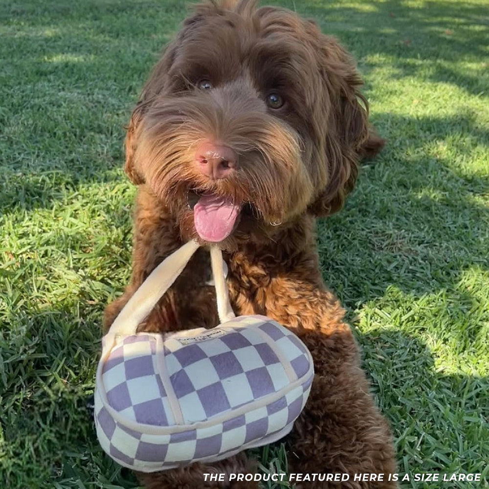 Haute Diggity Dog Checker Chewy Vuiton Handbag large size accommodates diverse breeds during play.