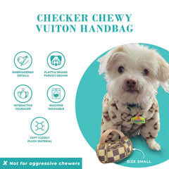 Haute Diggity Dog Checker Chewy Vuiton Handbag interior squeaker keeps dogs engaged during games.
