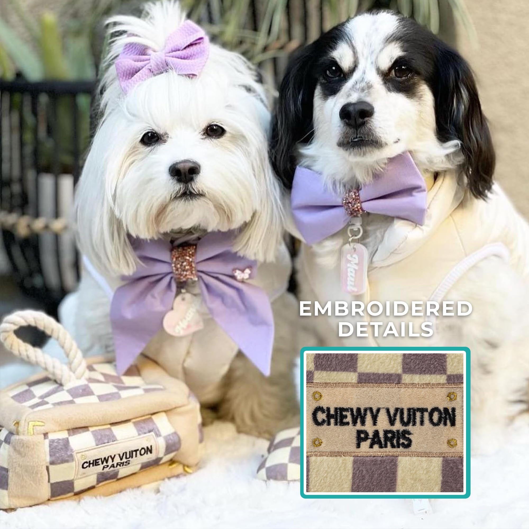 Haute Diggity Dog Checker Chewy Vuiton pattern emphasizes the checker design and fashion vibe.