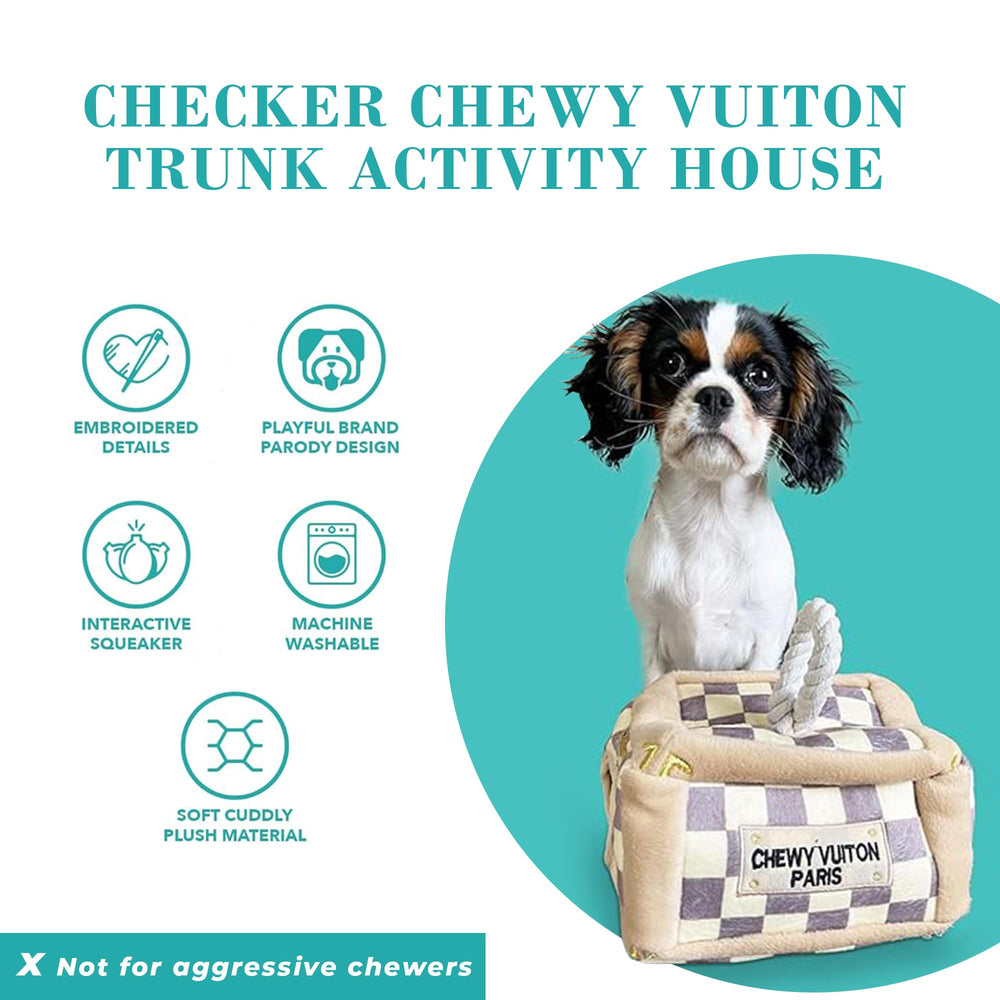 Haute Diggity Dog Checker Chewy Vuiton squeaker image indicates engaging sound for fetch and tug.