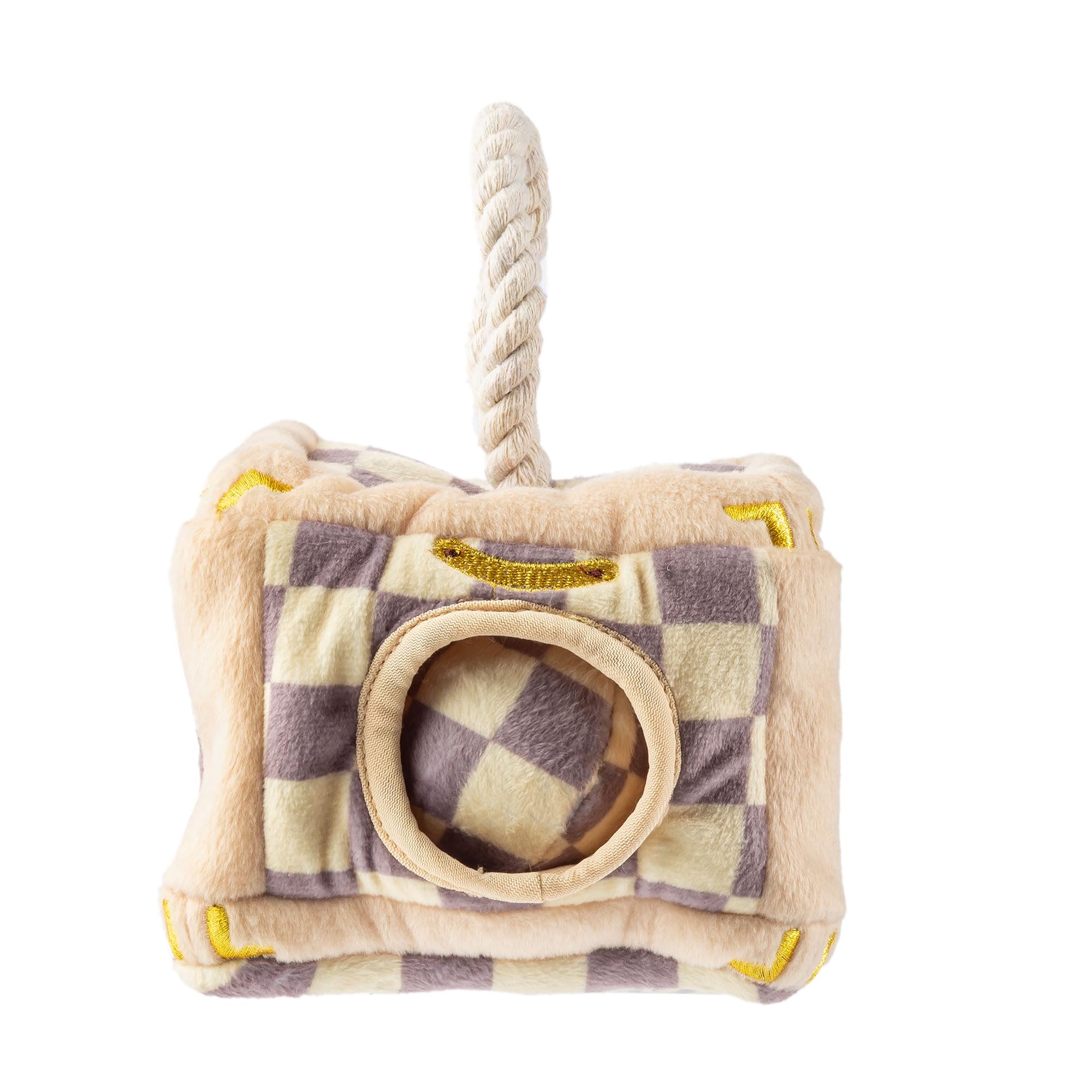 Haute Diggity Dog Checker Chewy Vuiton trunk closeup shows soft plush texture for cuddles.