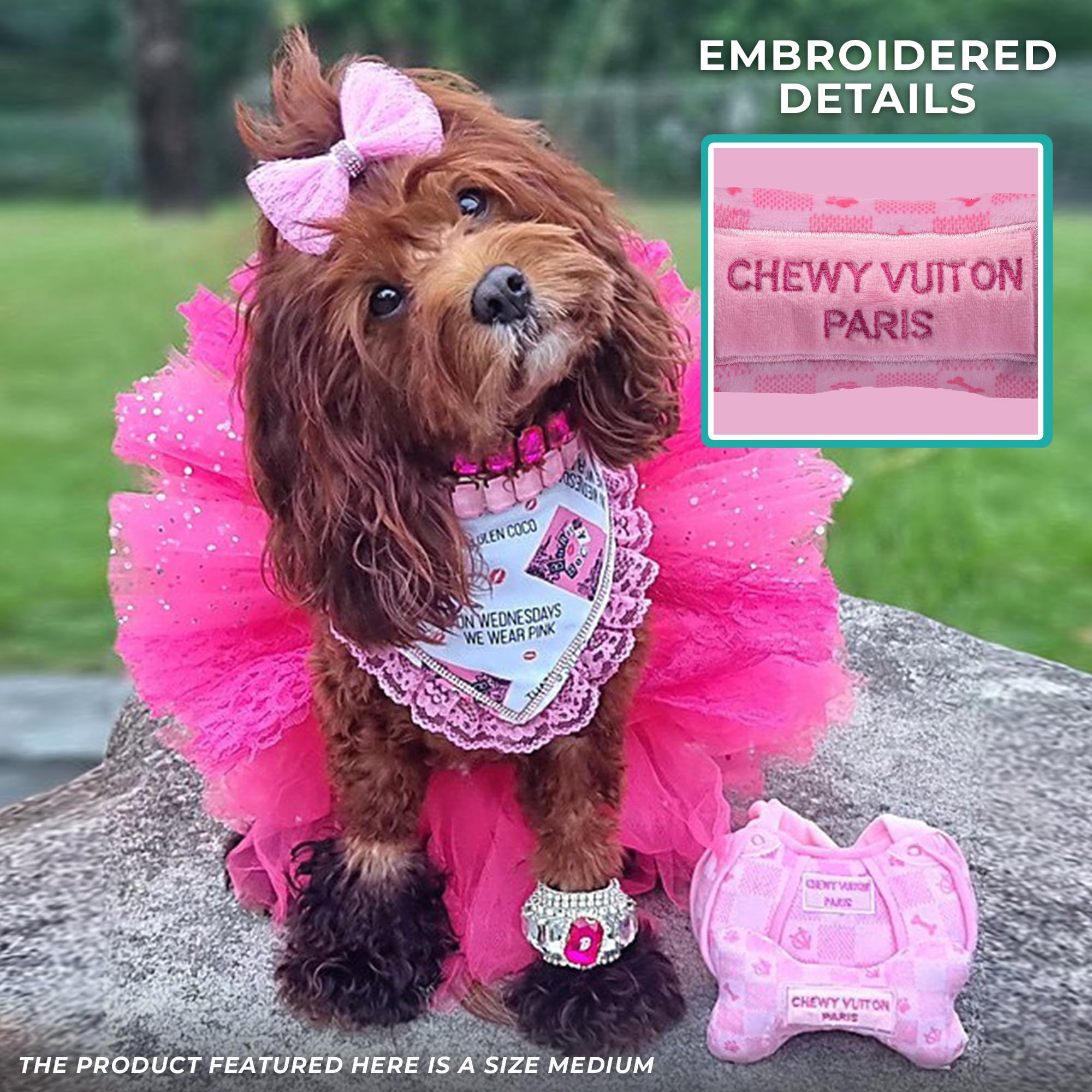 Haute Diggity Dog Chewy Vuiton Bone closeup embroidery highlights chic detail.