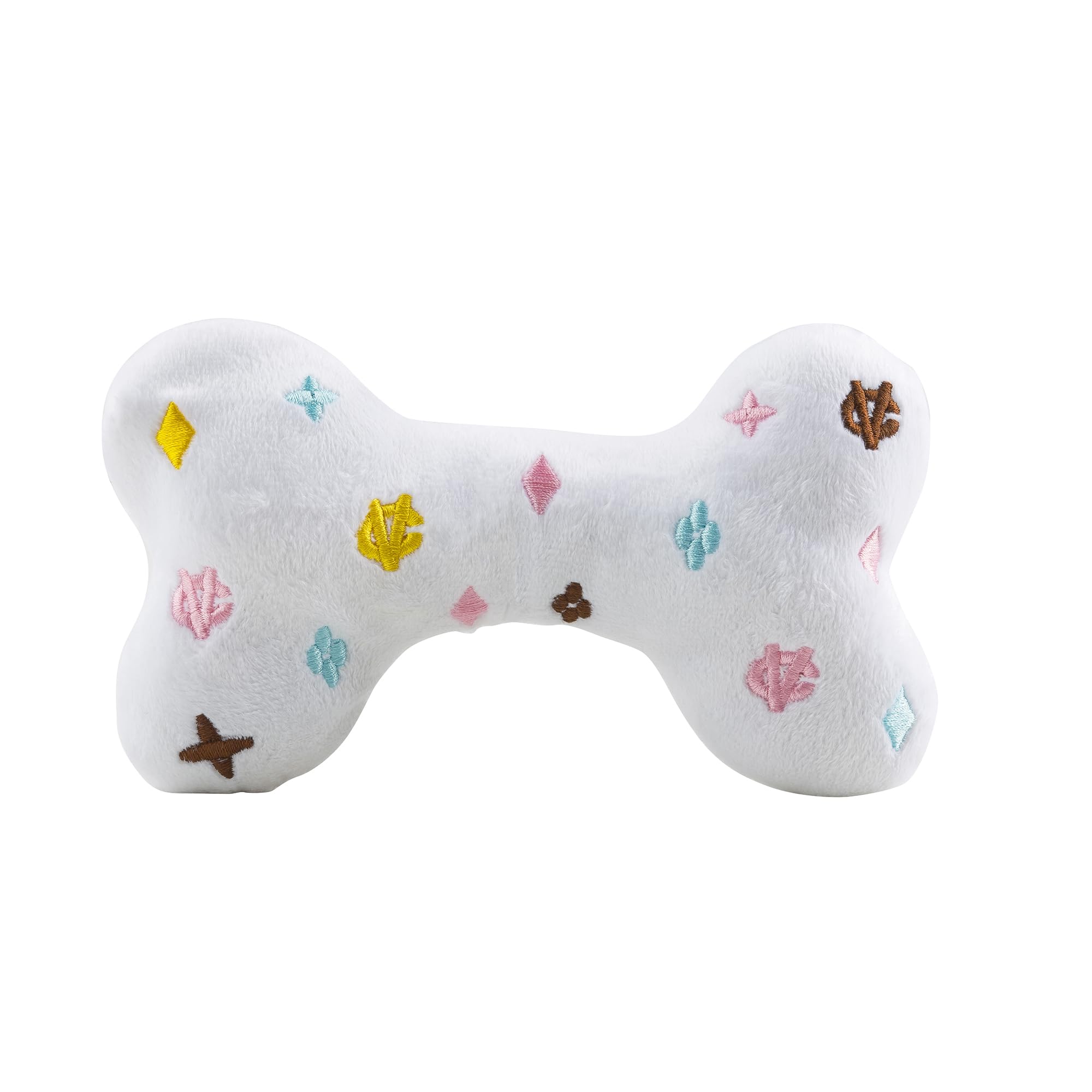 Haute Diggity Dog White Chewy Vuiton Bone embroidery details catch eyes during interactive play.
