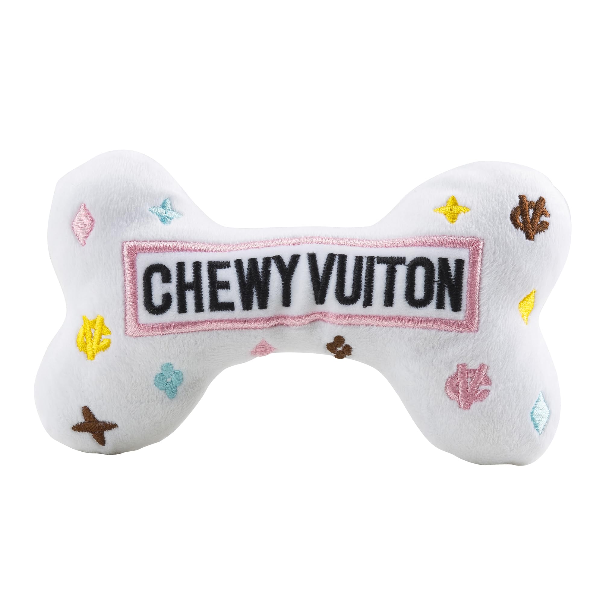 Haute Diggity Dog White Chewy Vuiton Bone front view highlights stylish fetch and cuddle play.