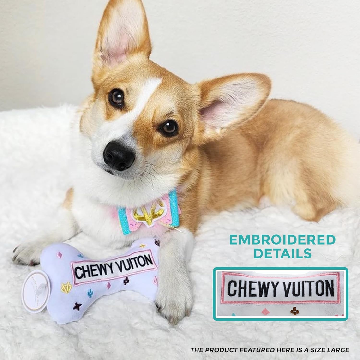 Haute Diggity Dog White Chewy Vuiton Bone soft plush material provides gentle, durable fun.