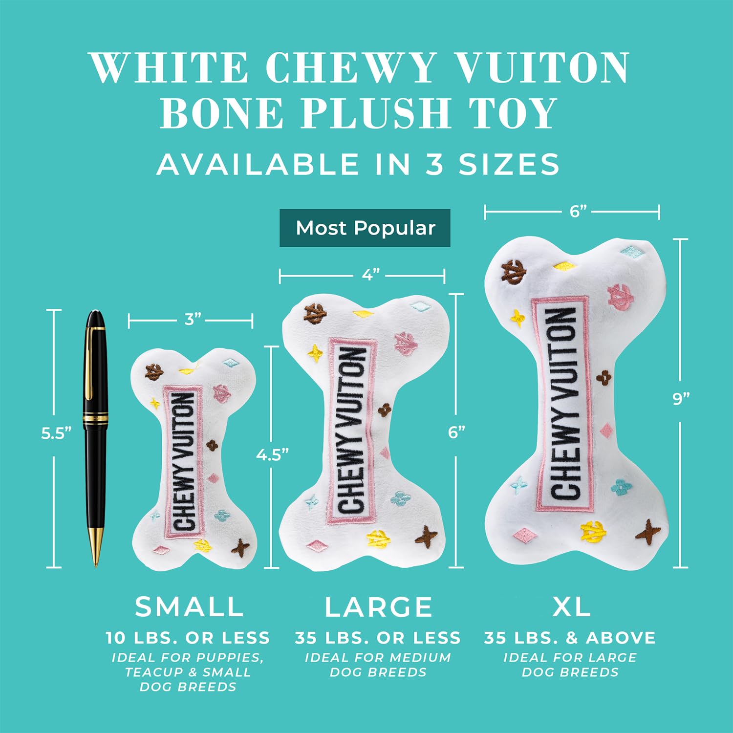 Haute Diggity Dog White Chewy Vuiton Bone squeaker inside adds engaging sound during fetch.