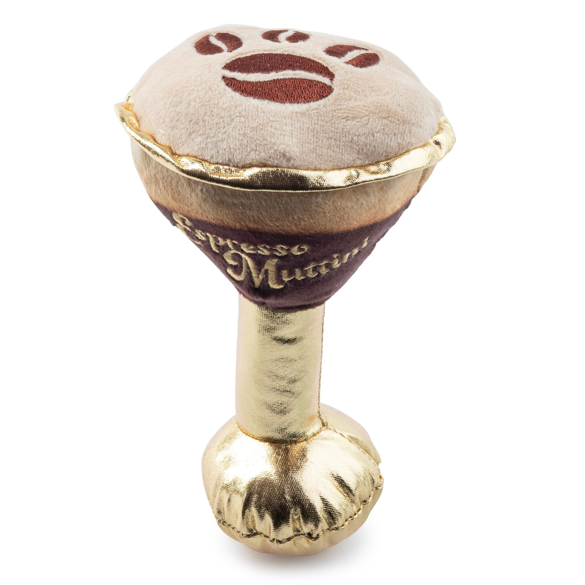 Haute Diggity Dog Espresso Muttini toy with squeaker for interactive fetch play.