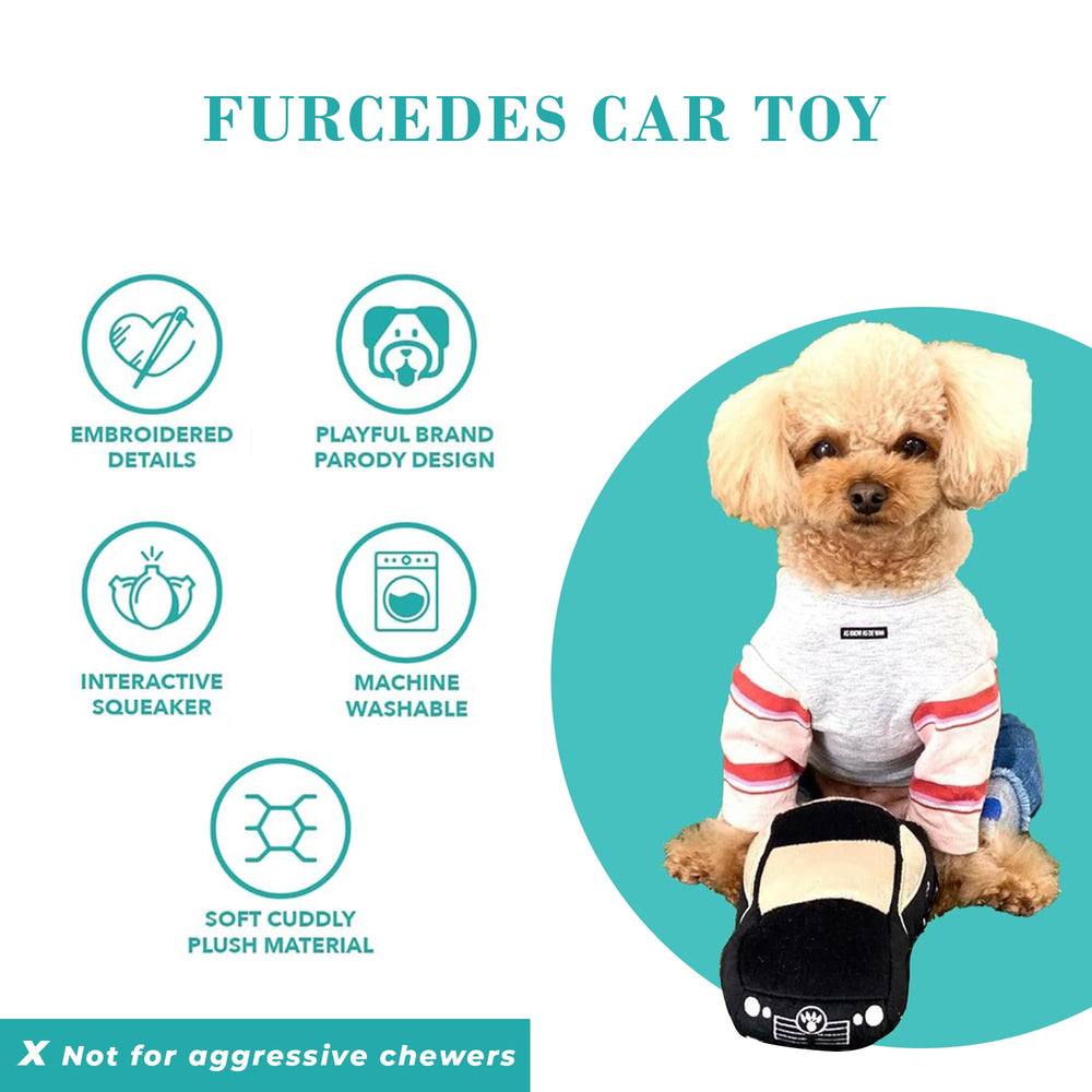 Haute Diggity Dog Furcedes Car Toy embroidery details, adds playful premium designer appeal.