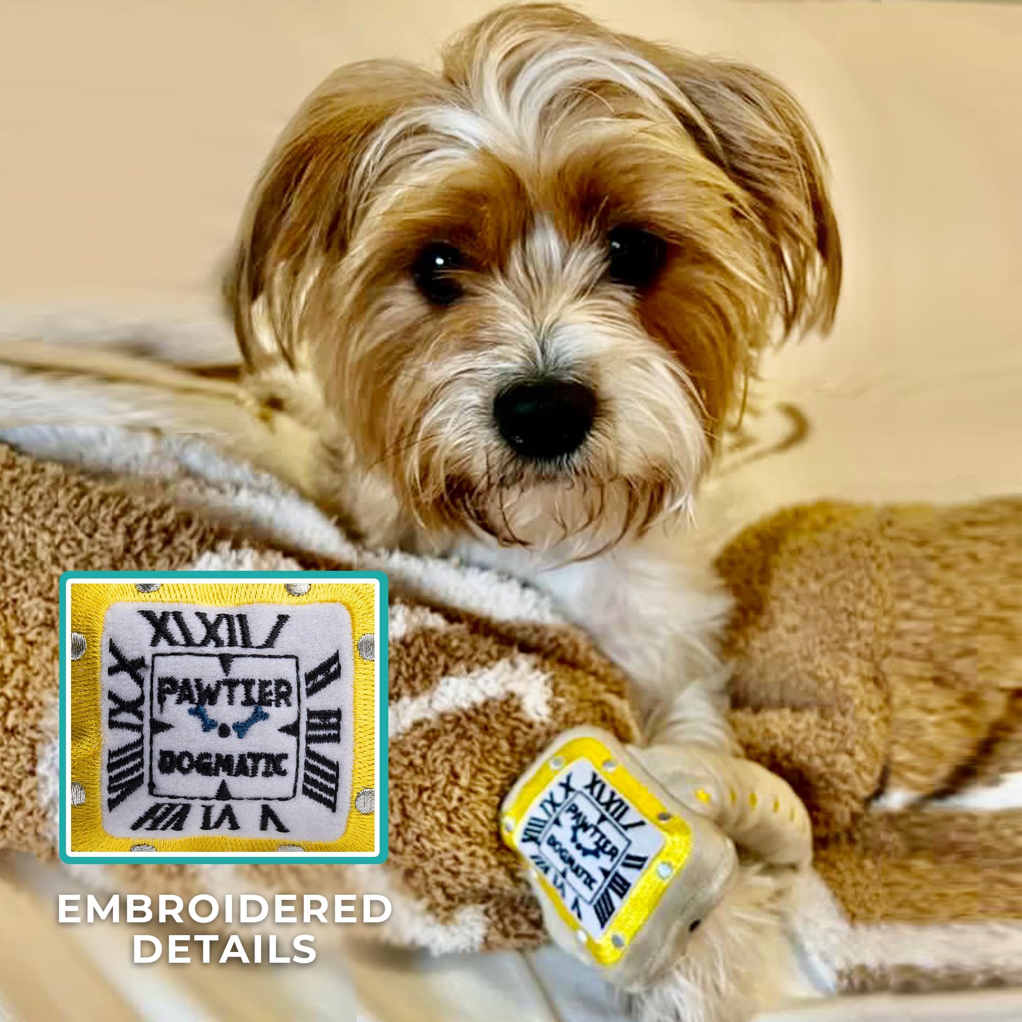 Haute Diggity Dog Pawtier Watch parodic plush design with embroidered details for photo-worthy moments.