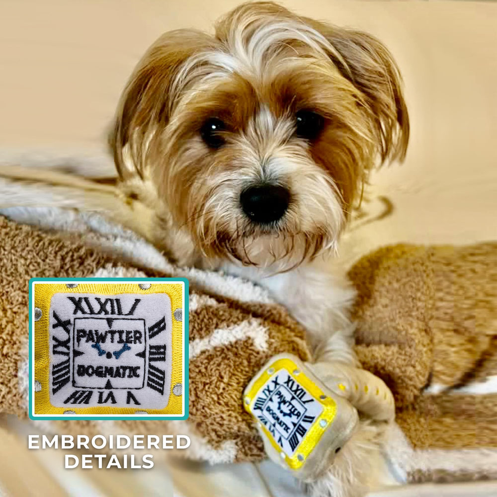 Haute Diggity Dog Pawtier Watch parodic plush design with embroidered details for photo-worthy moments.