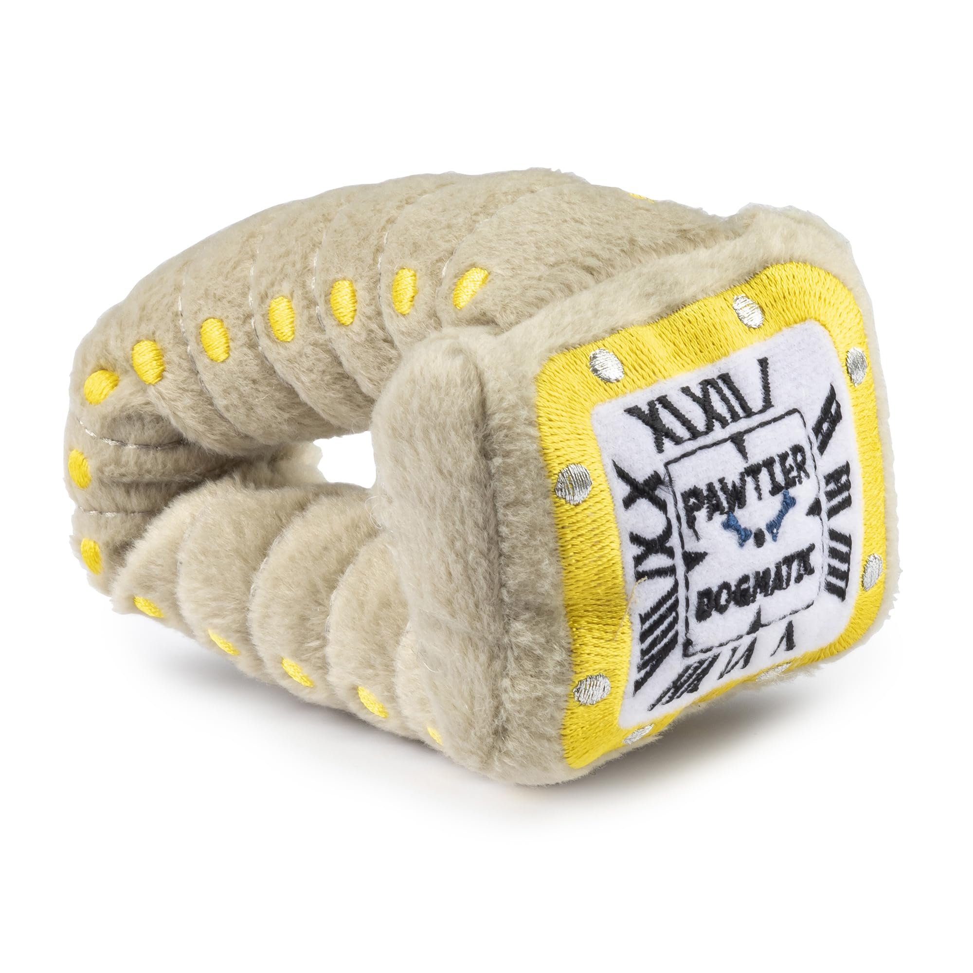 Haute Diggity Dog Pawtier Watch toy with brown-gold plush and squeaker for interactive play.