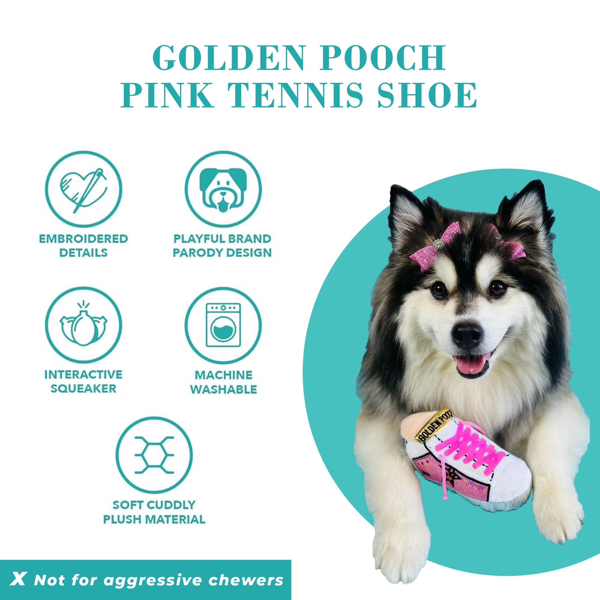 Haute Diggity Dog Pink Golden Pooch Tennis Shoe toy embroidered details for stylish play