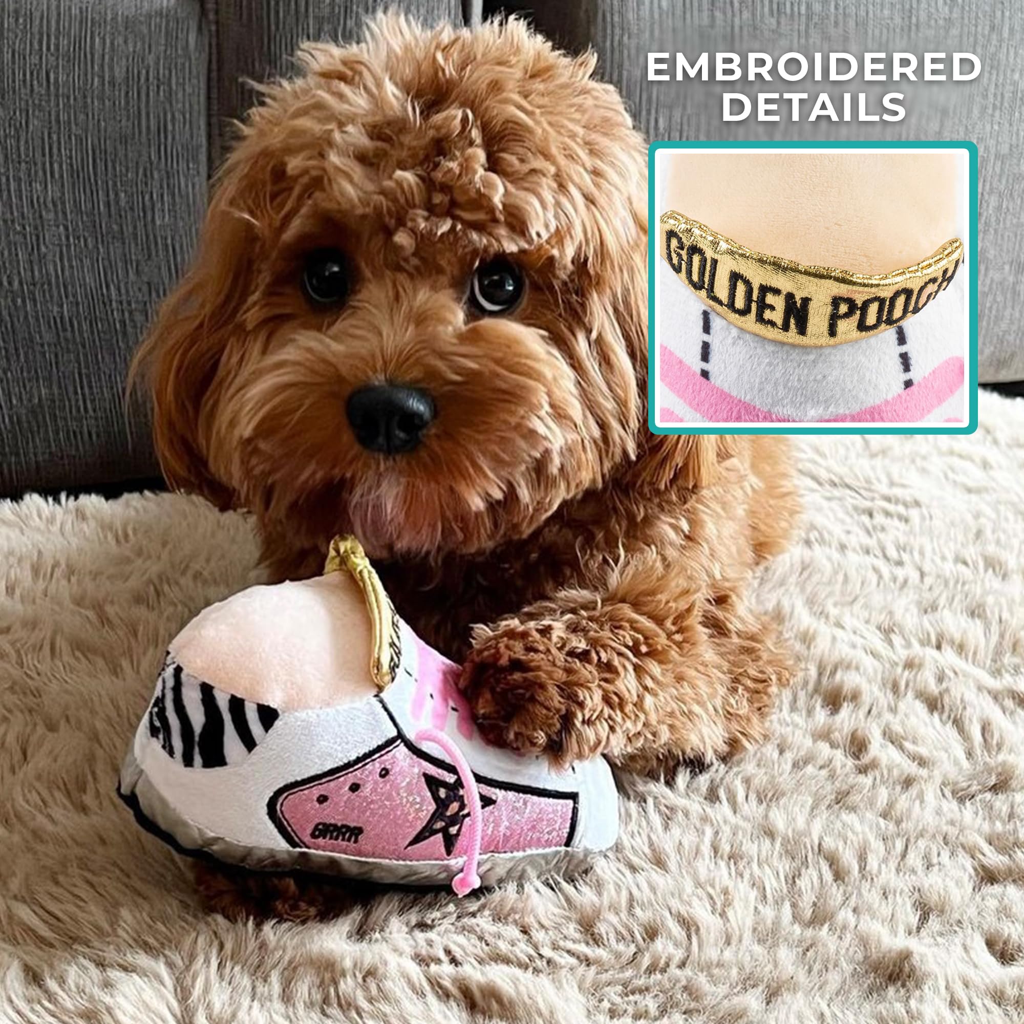 Haute Diggity Dog Pink Golden Pooch Tennis Shoe toy squeaker closeup for engagement