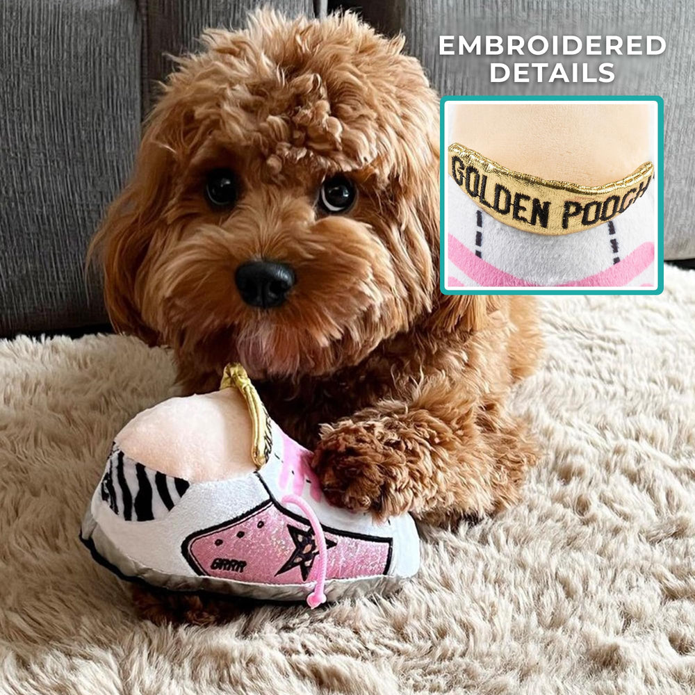 Haute Diggity Dog Pink Golden Pooch Tennis Shoe toy squeaker closeup for engagement