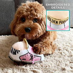 Haute Diggity Dog Pink Golden Pooch Tennis Shoe toy squeaker closeup for engagement