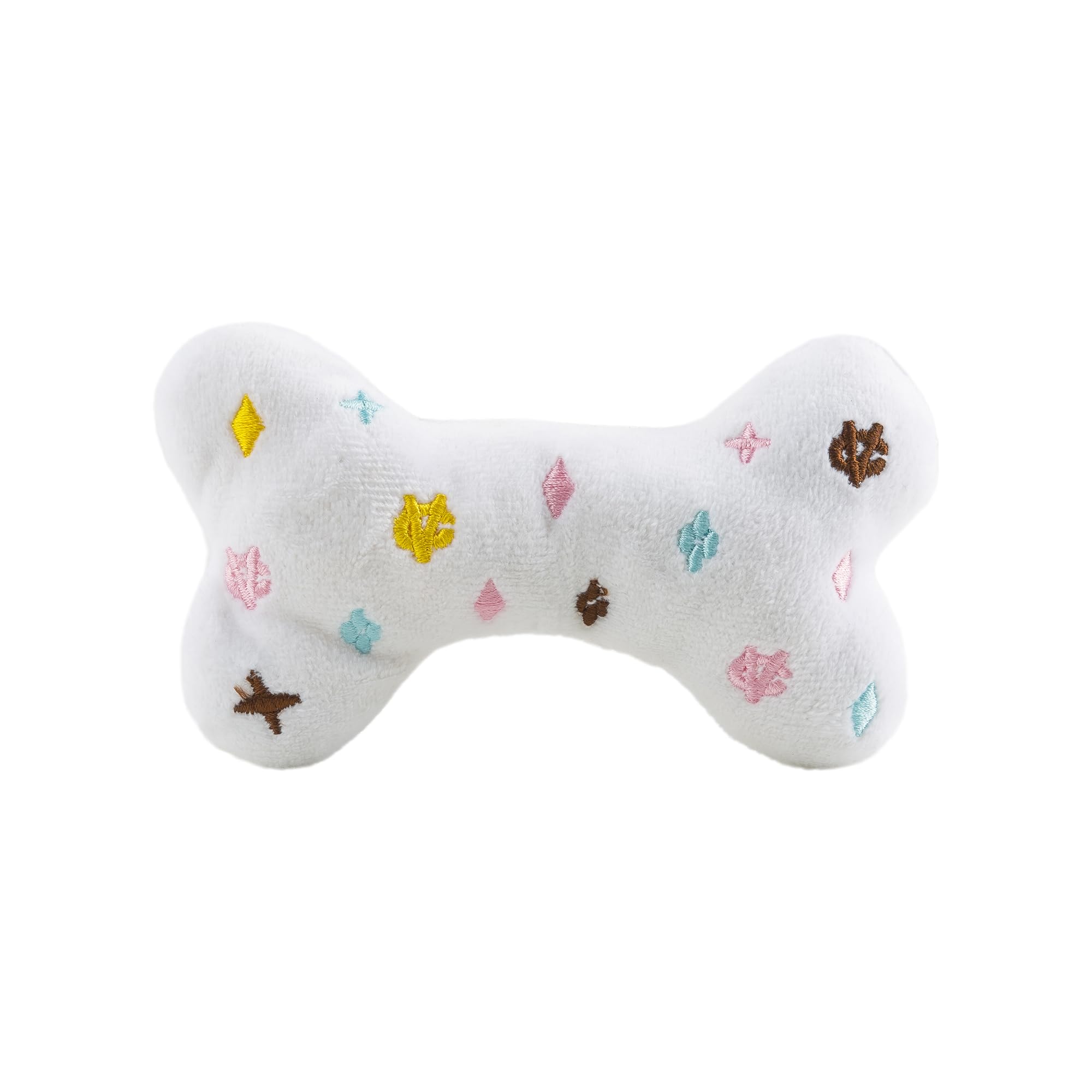 Haute Diggity Dog White Chewy Vuiton Bone squeaker keeps dogs engaged during interactive play.