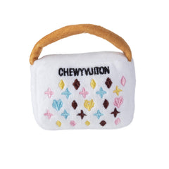 Haute Diggity Dog White Chewy Vuiton Handbag front view promotes stylish play and interactive squeaker fun.