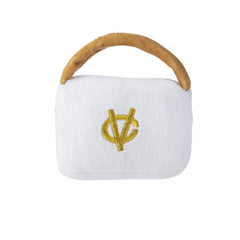 Haute Diggity Dog White Chewy Vuiton Handbag side view encourages fetch and cuddle play sessions.