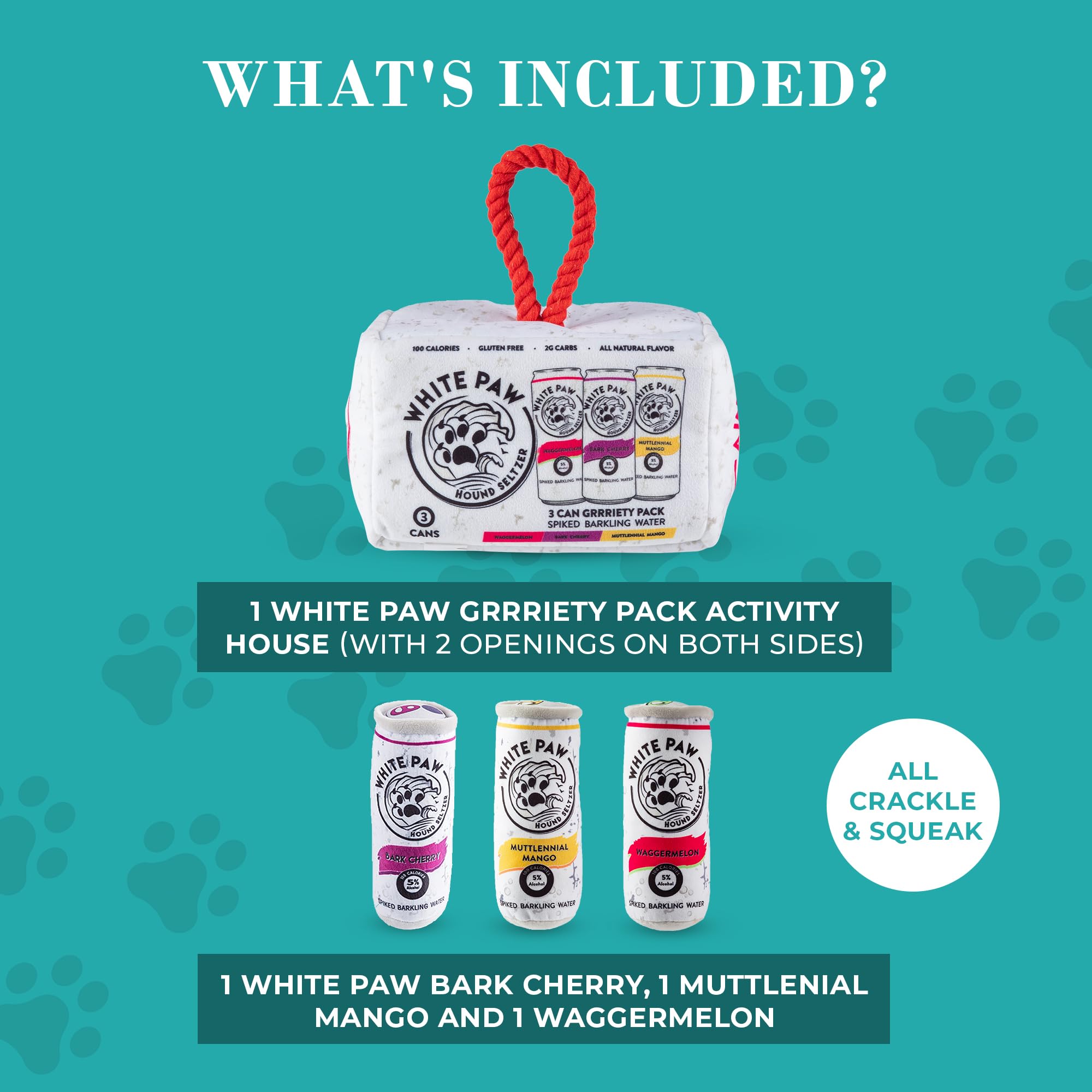 Haute Diggity Dog White Paw Grrriety Pack machine-washable care keeps toys clean between adventures.