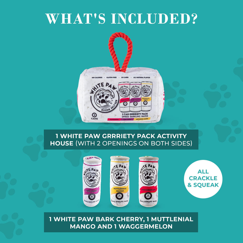 Haute Diggity Dog White Paw Grrriety Pack machine-washable care keeps toys clean between adventures.
