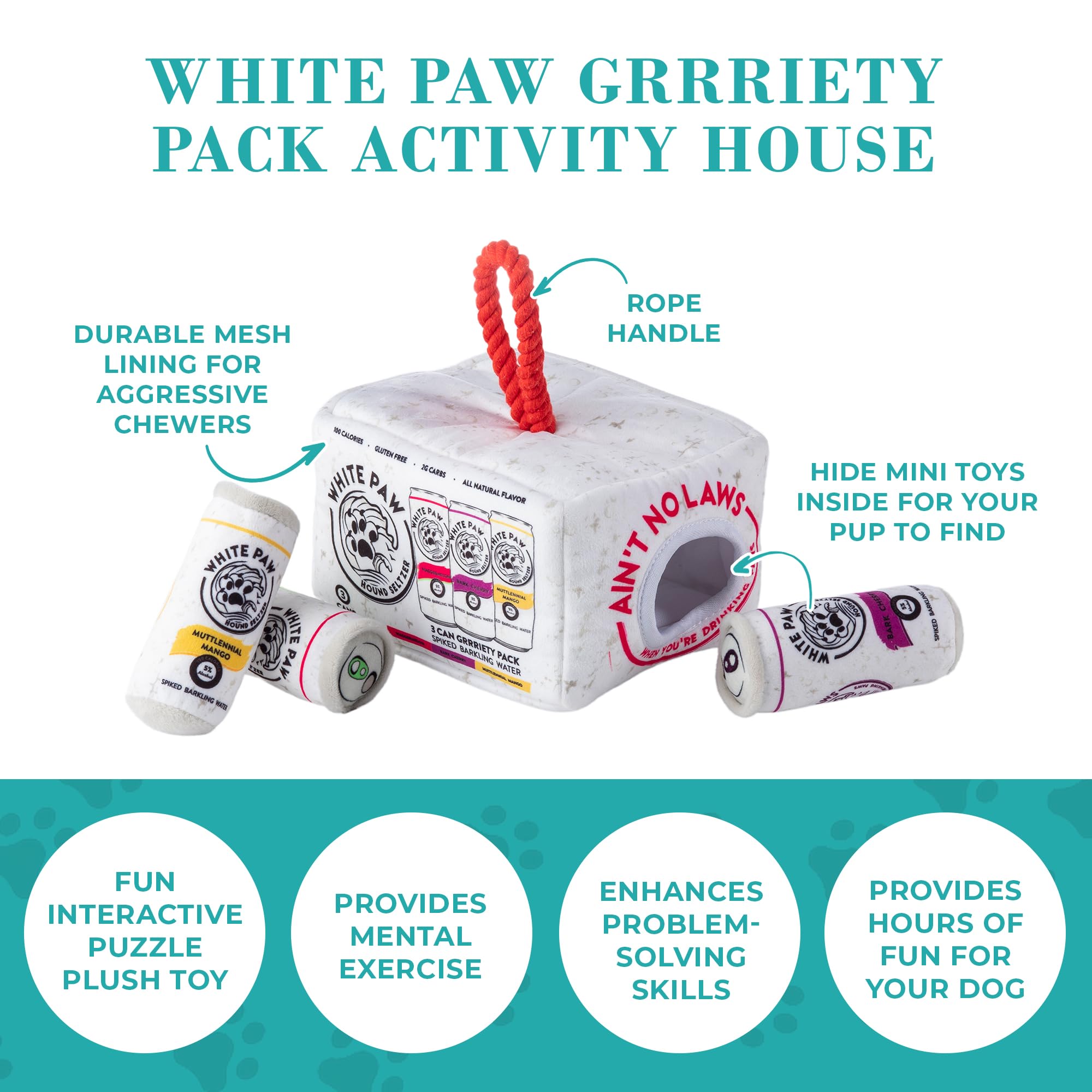 Haute Diggity Dog White Paw Grrriety Pack puzzle-toy design enhances problem-solving during fetch and tug.