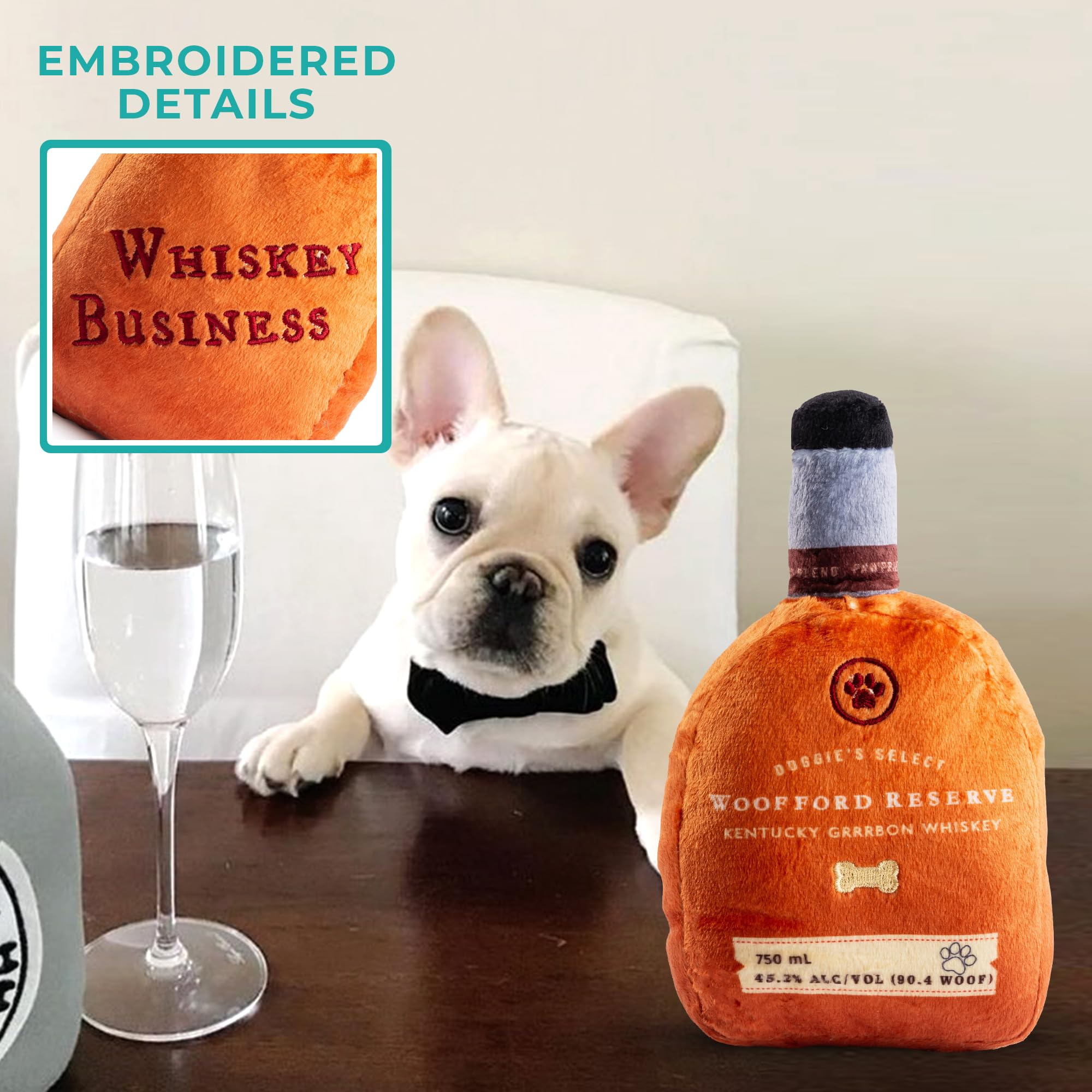 Haute Diggity Dog Woofford Reserve bourbon bottle toy durable plush with mesh lining.