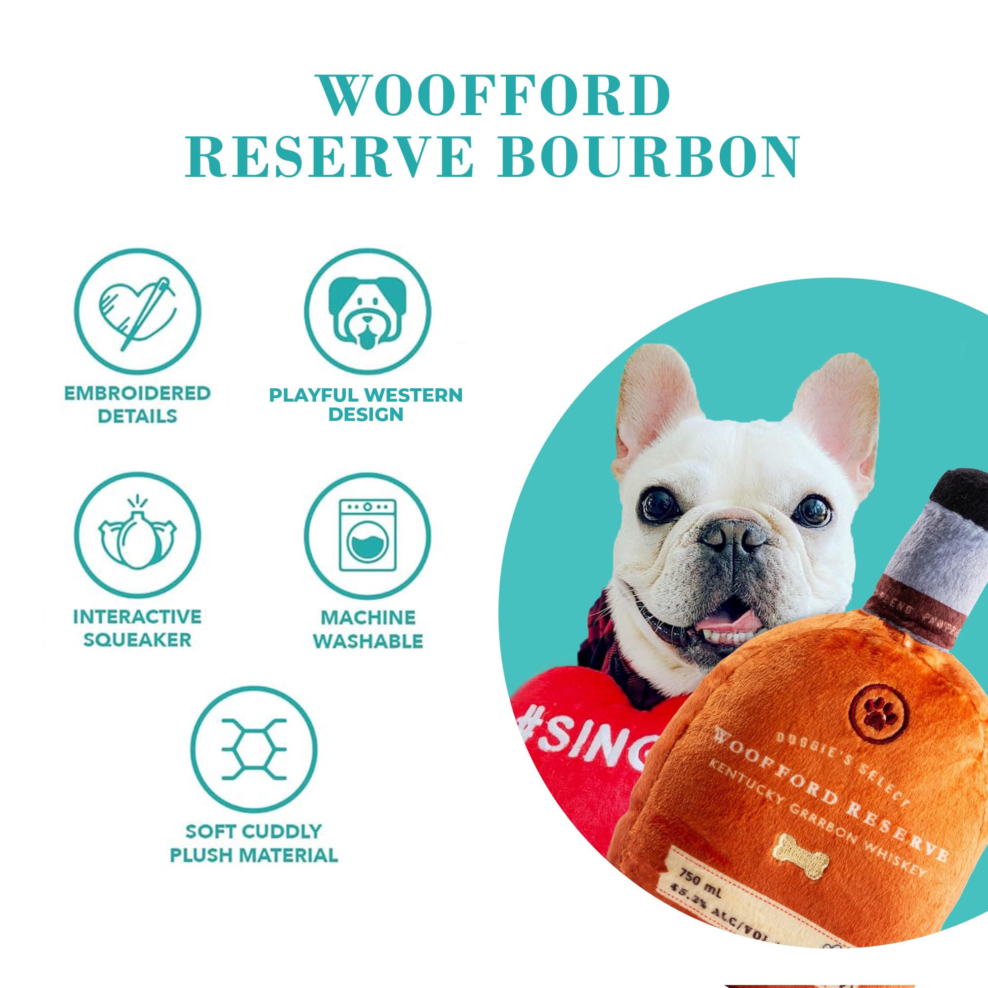 Haute Diggity Dog Woofford Reserve bourbon bottle toy squeaker closeup for interactive play.