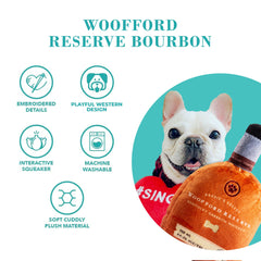 Haute Diggity Dog Woofford Reserve bourbon bottle toy squeaker closeup for interactive play.