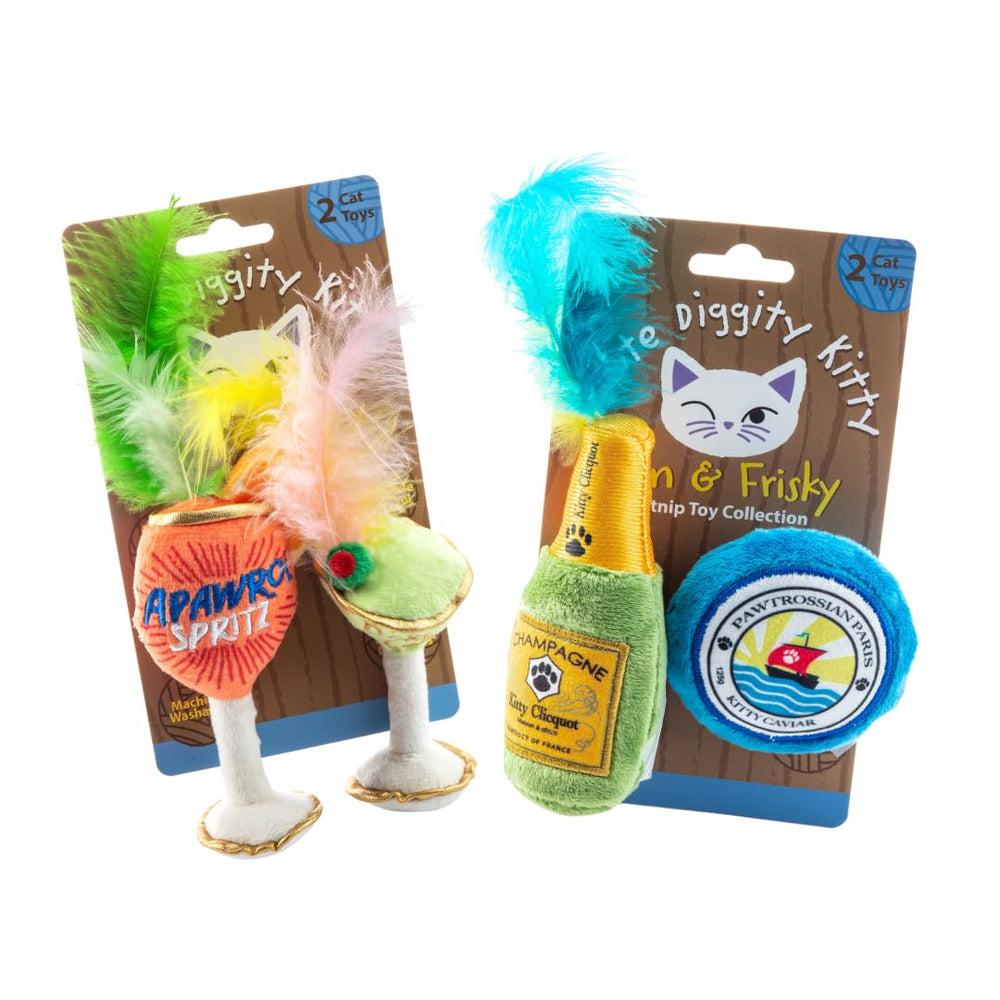 Haute Diggity Kitty champagne bottle plush invites playful luxury for curious cats.