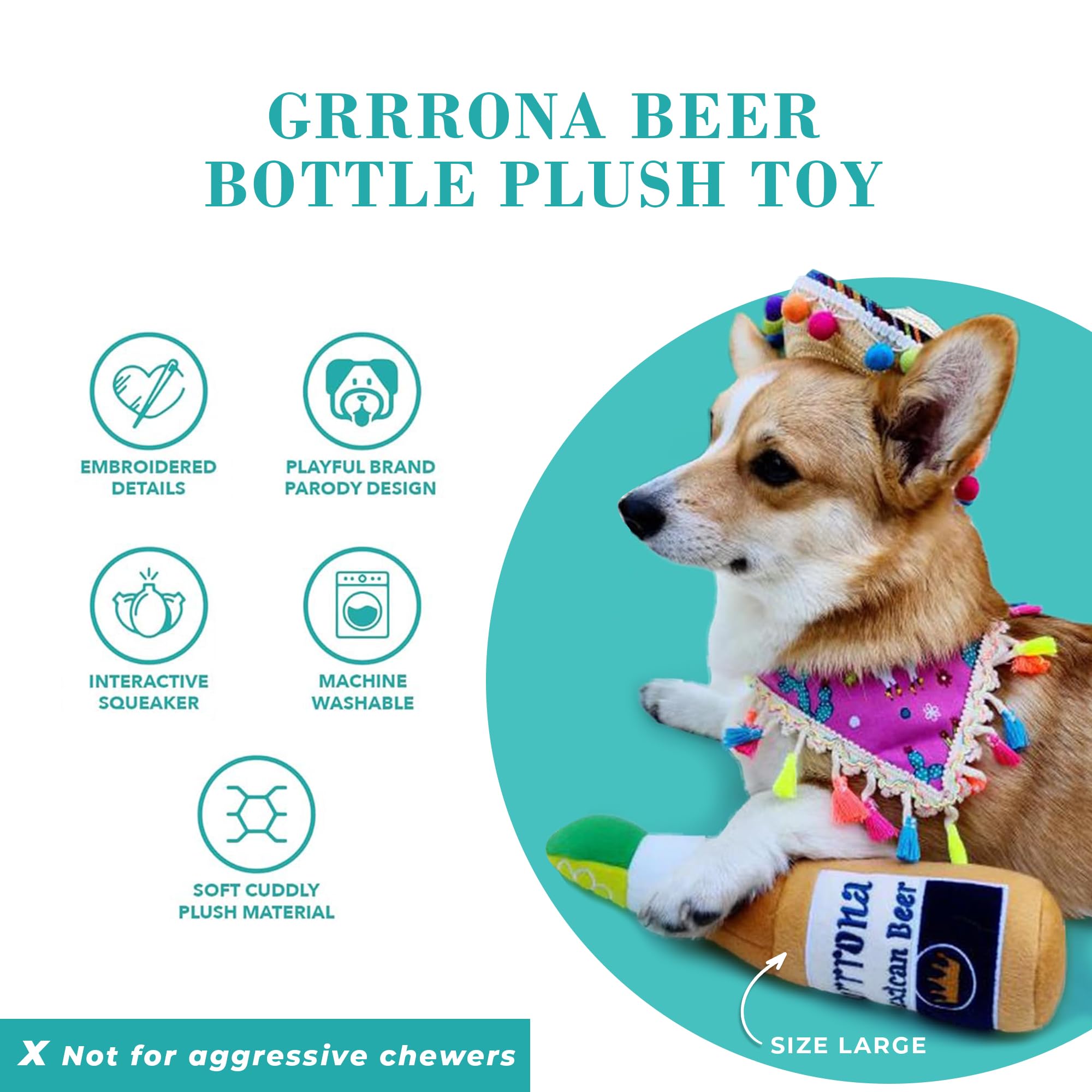 Haute Diggity Dog Grrrona Beer Bottle Toy embroidered details add playful elegance
