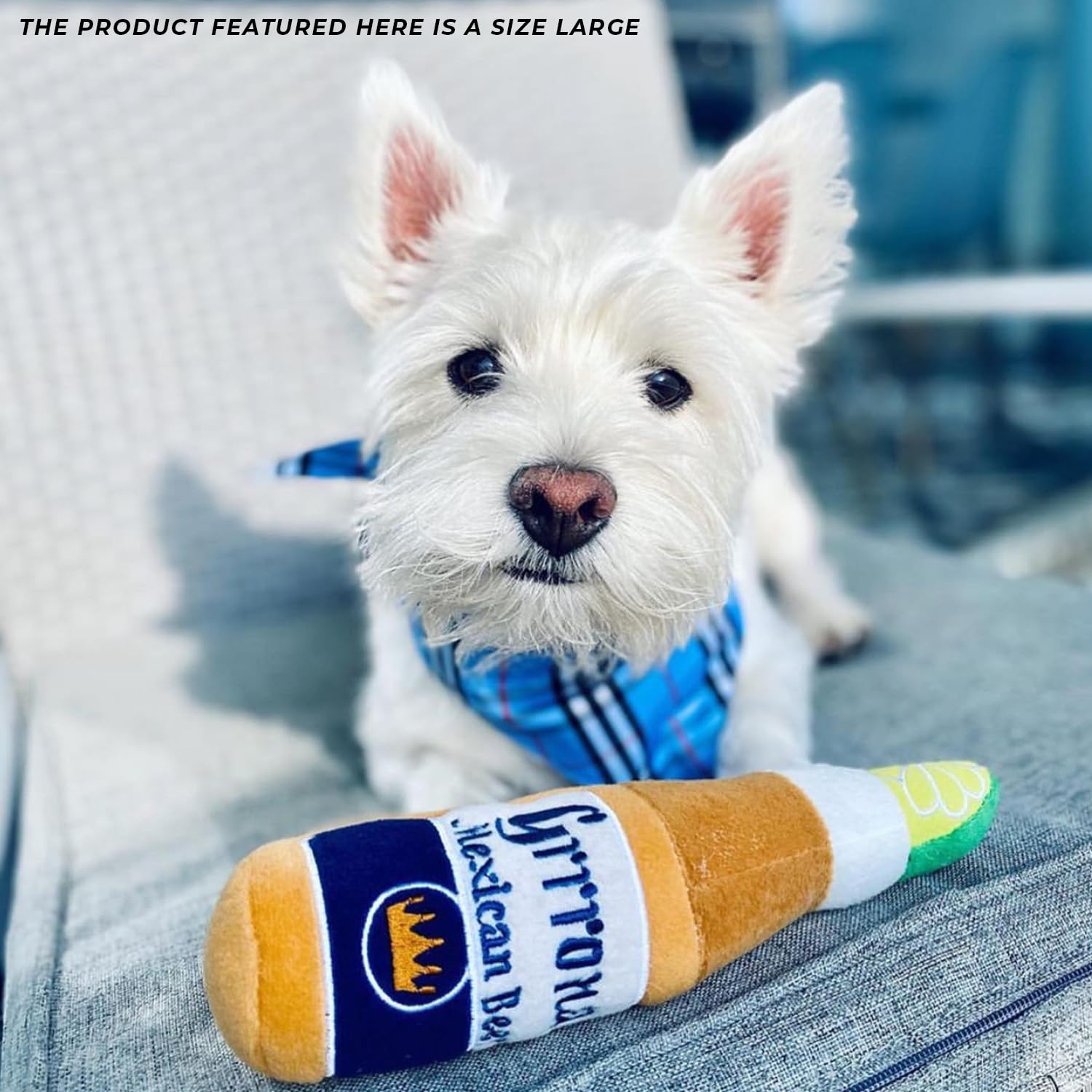 Haute Diggity Dog Grrrona Beer Bottle Toy measures 9 inches for big dogs