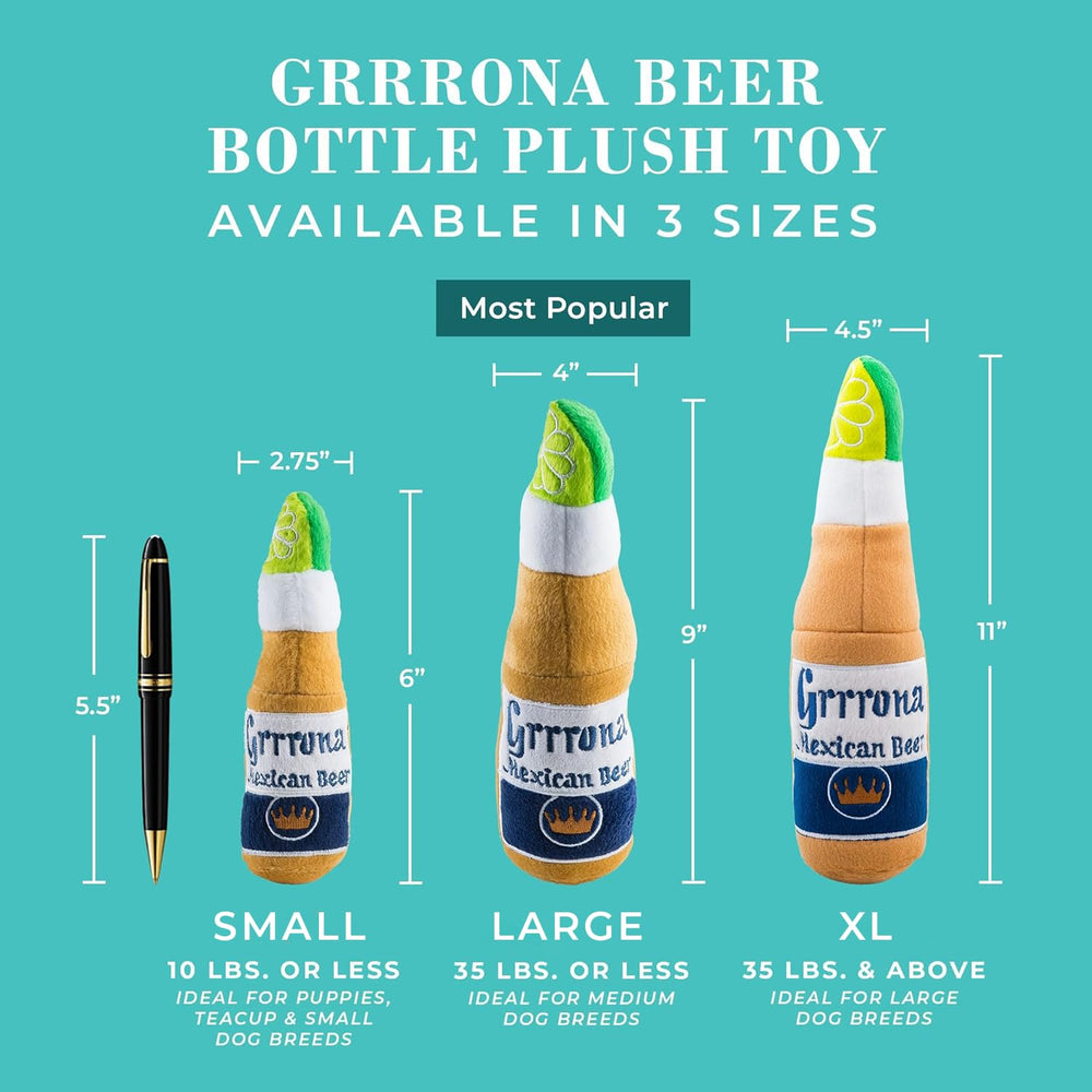 Haute Diggity Dog Grrrona Beer Bottle Toy features a hidden squeaker for engaging fetch sessions
