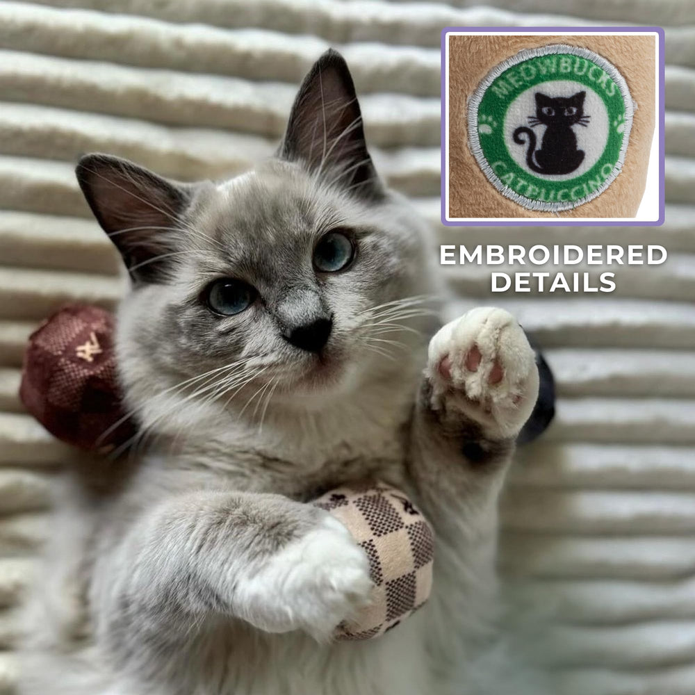 Haute Diggity Kitty Meowbucks cup embroidery adds stylish detail