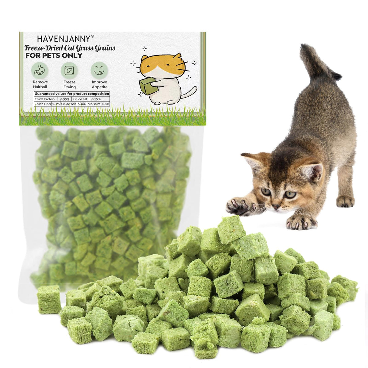 HavenJanny cat grass treat packaging shows a 120g bag for easy daily rewards