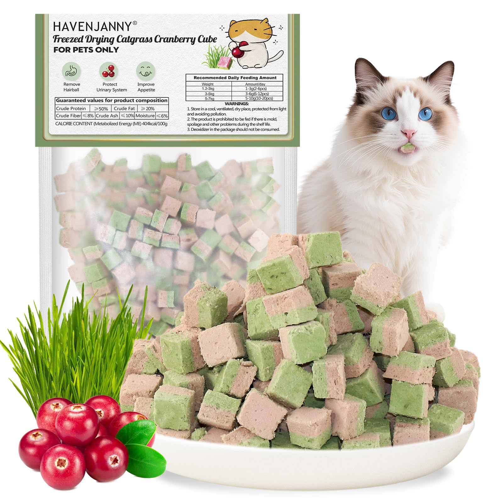 HavenJanny freezed-dried cat grass treats pack shown, supporting daily dental health and hairball management.
