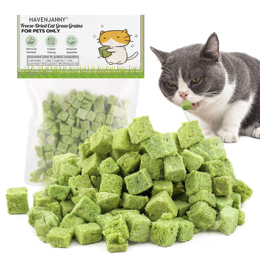 HavenJanny packaging front shows cat grass treats for indoor cats as a tasty reward.