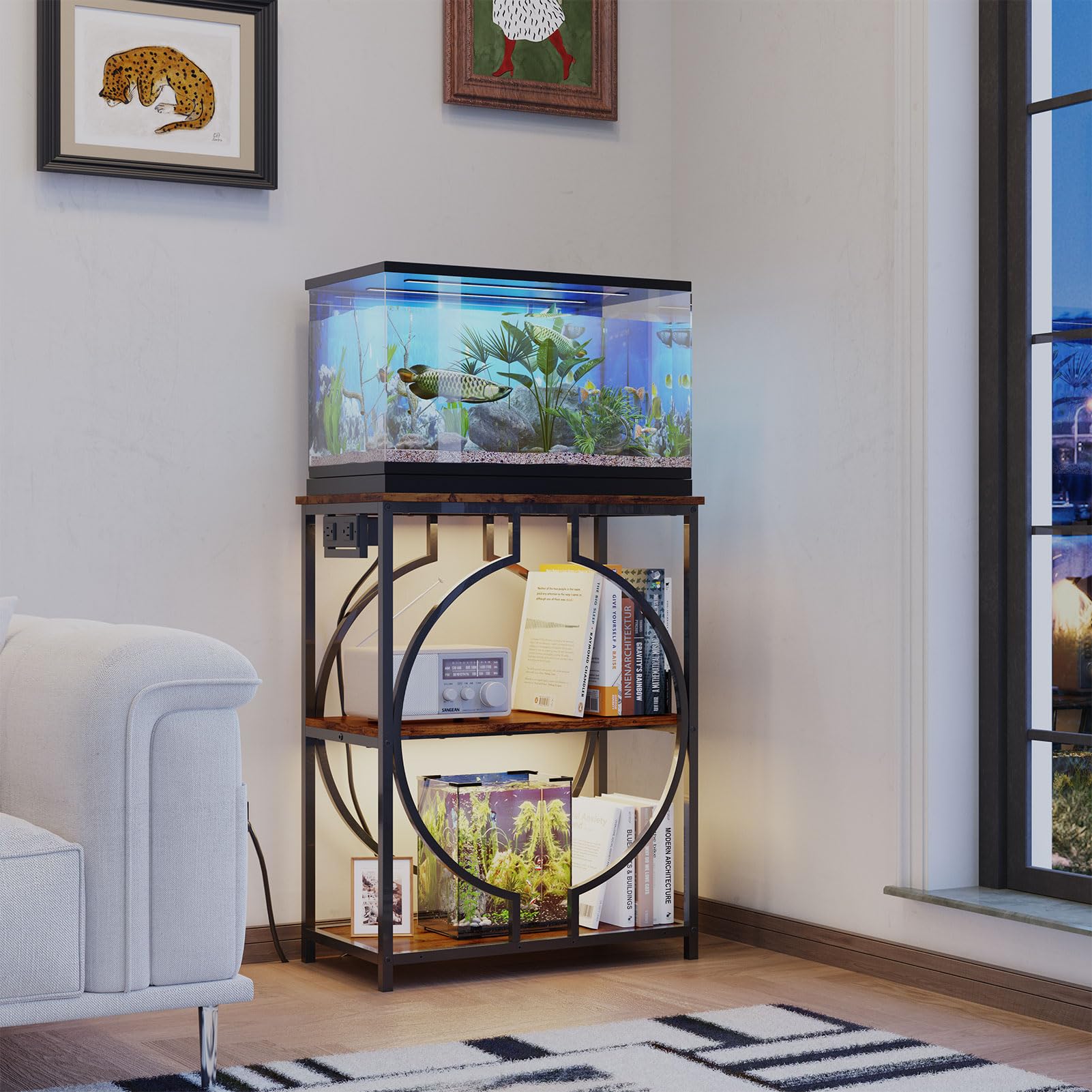 HavenlyYouth rustic-design 3-tier stand complements decor while offering organized aquarium accessories storage.