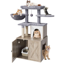 HavenlyYouth cat-tree-enclosure front-view showing a private litter nook and cozy perch.