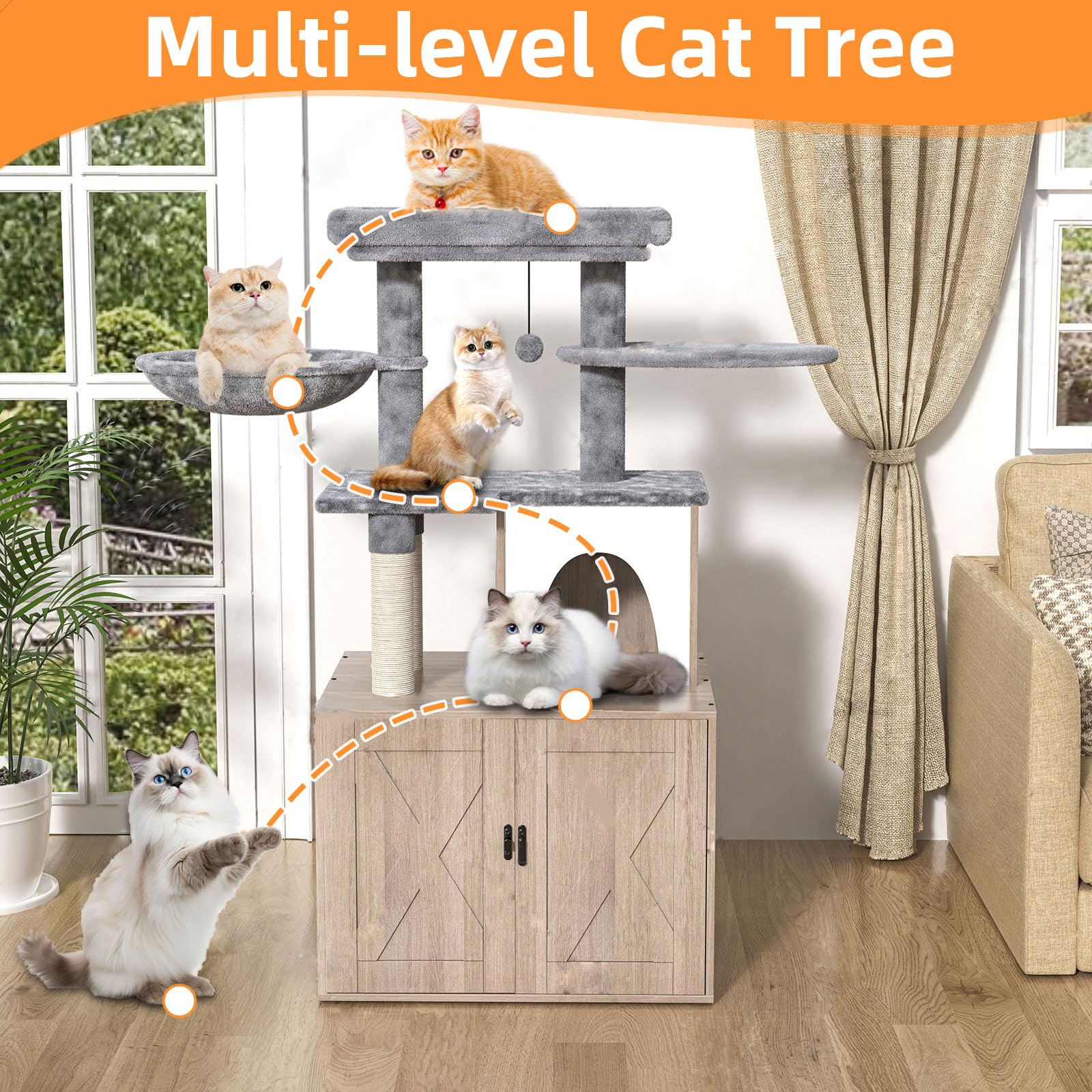 HavenlyYouth cat-tree-enclosure-litter-doors with sturdy metal doors for convenient scooping.