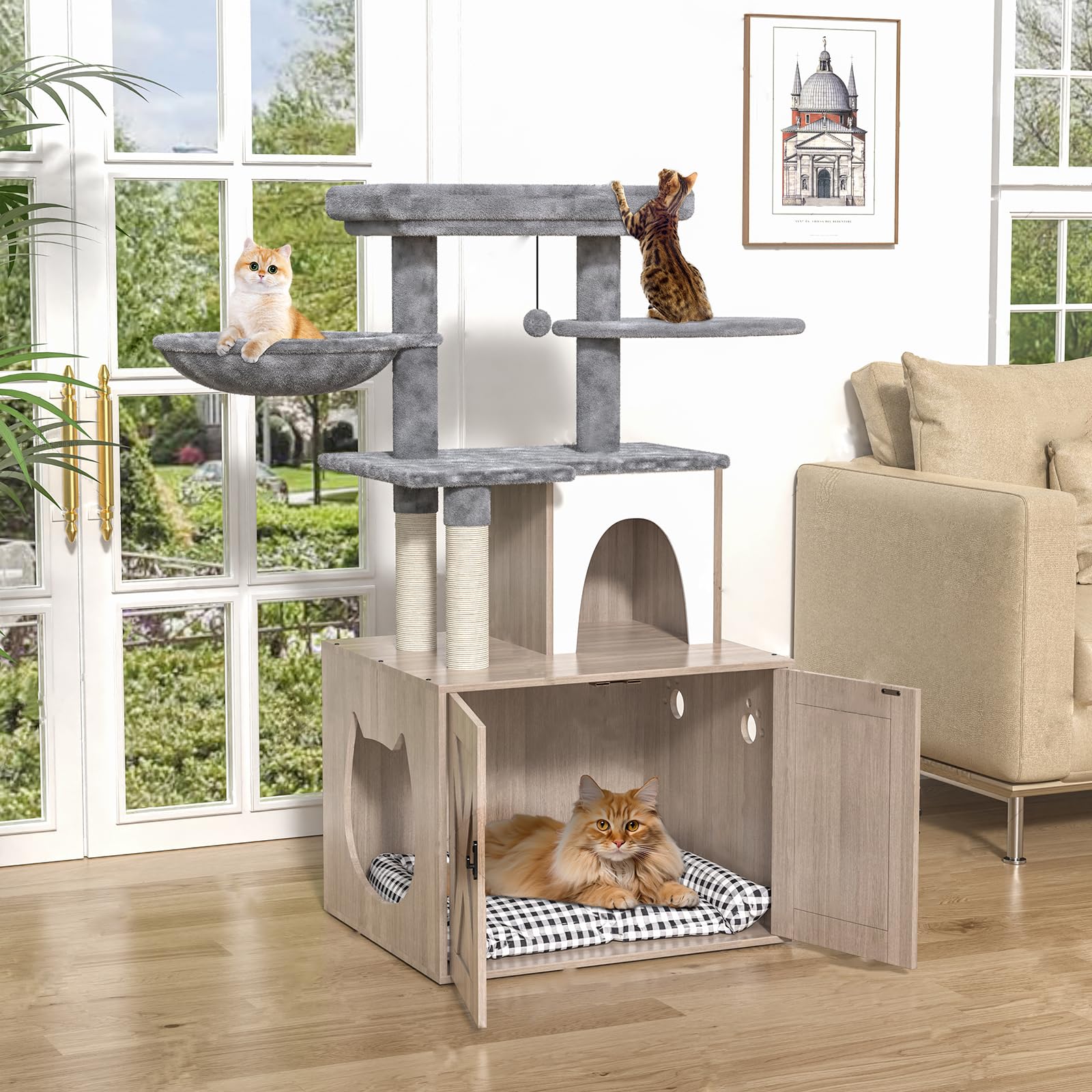 HavenlyYouth cat-tree-enclosure open-door shows accessible litter entry and easy cleanup.