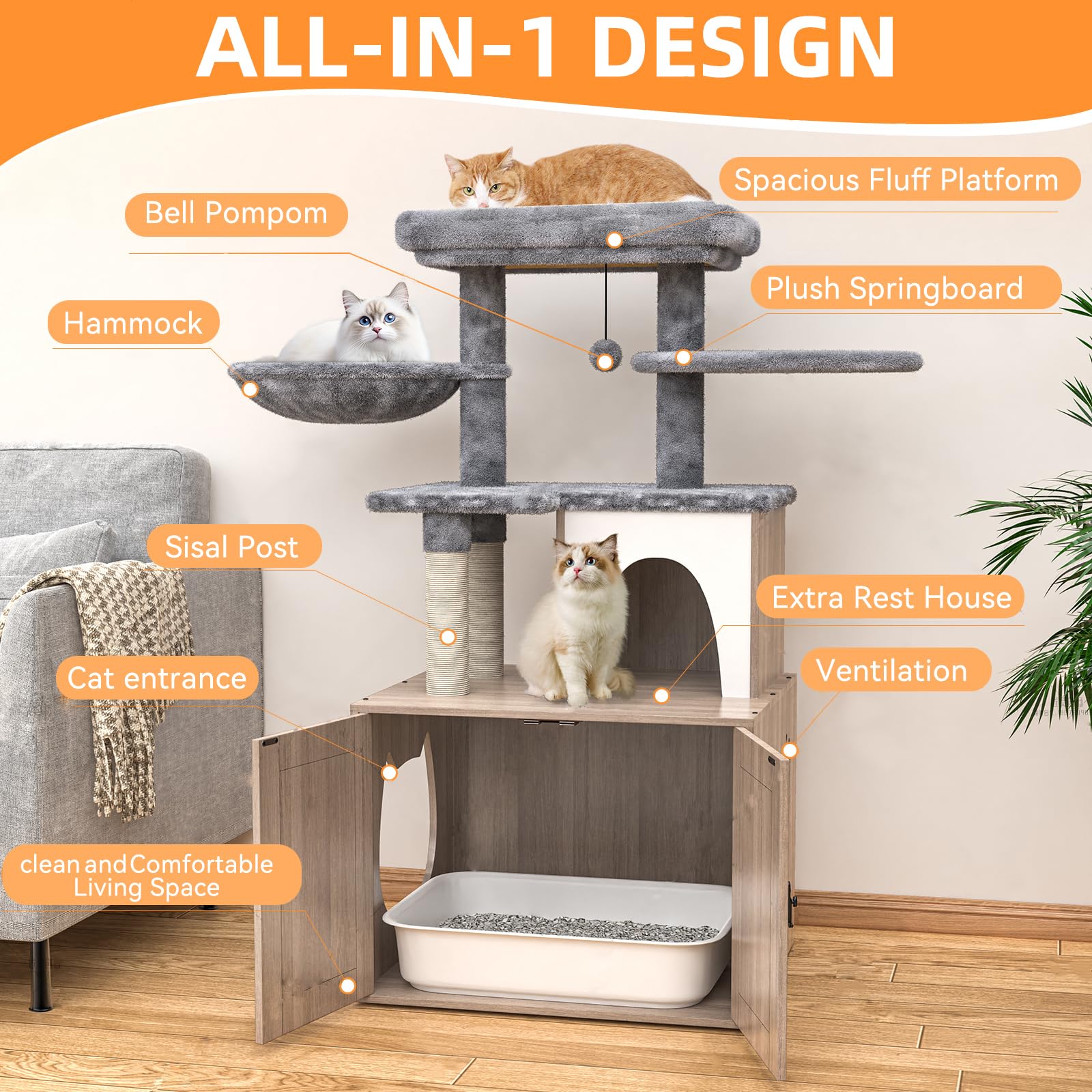 HavenlyYouth cat-tree-enclosure side-view illustrates multi-level play and hidden litter box.