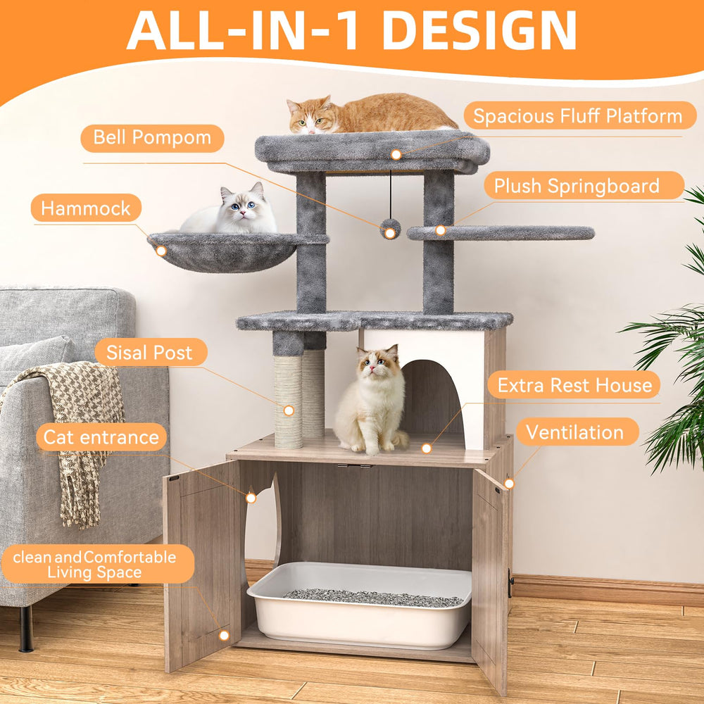 HavenlyYouth cat-tree-enclosure side-view illustrates multi-level play and hidden litter box.