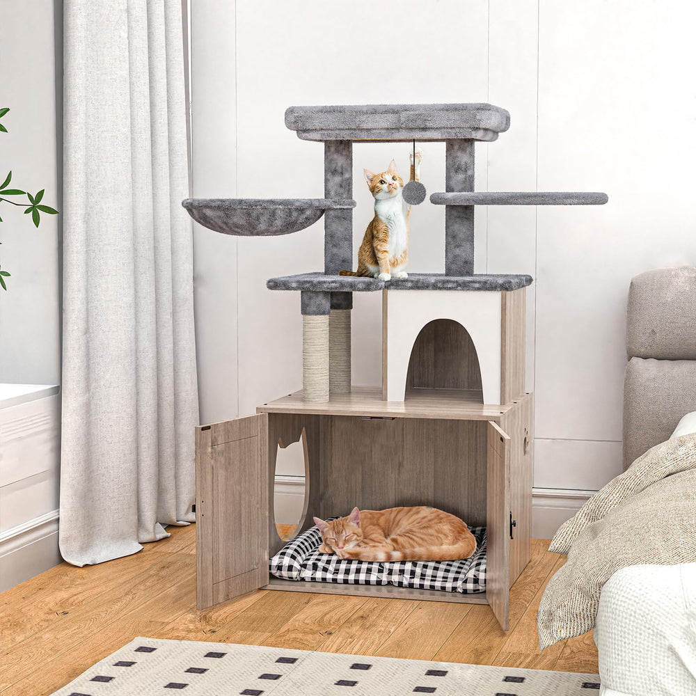 HavenlyYouth cat-tree-litter-box-enclosure-wood-construction shows durable CARB P2 panels for longevity.