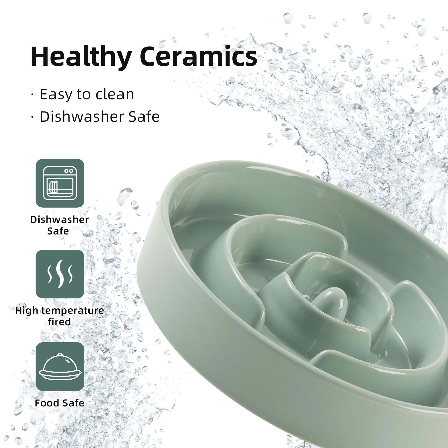 Havniva ceramic slow feeder bowl in light green color shows compact durable design