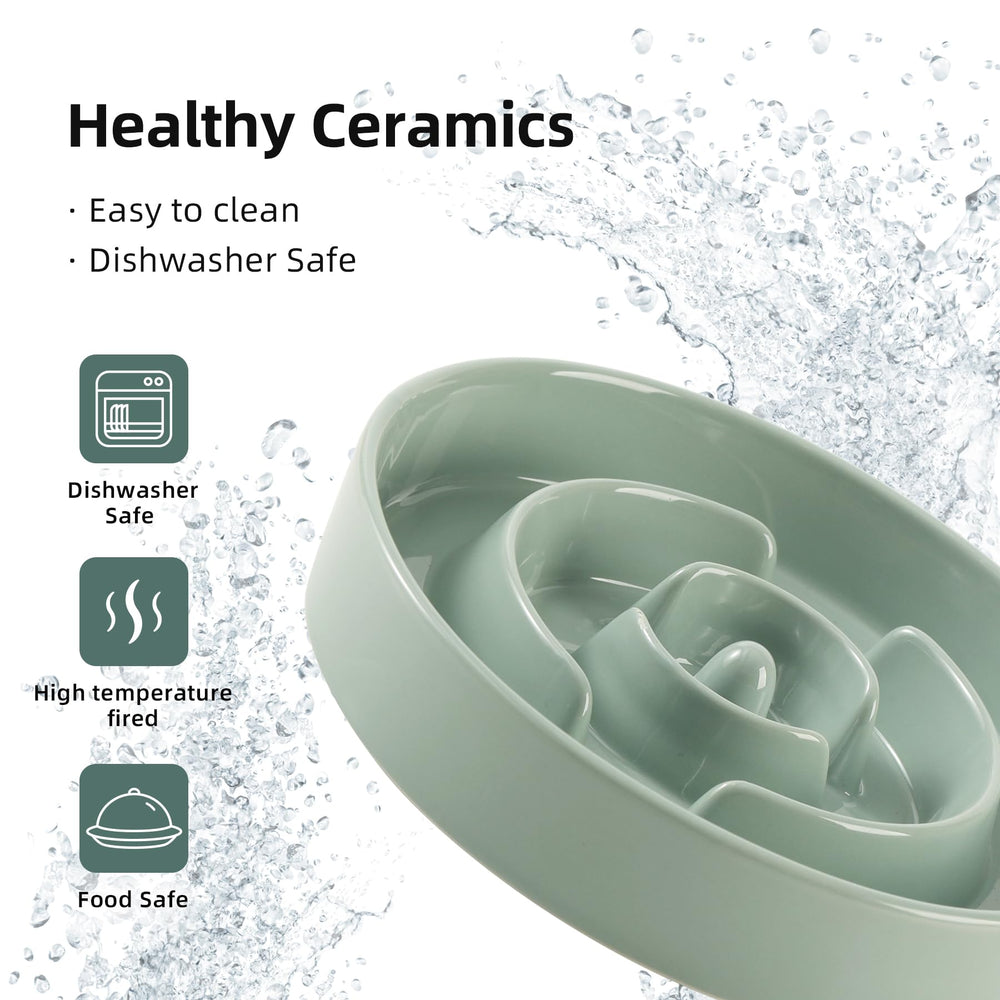 Havniva ceramic slow feeder bowl in light green color shows compact durable design